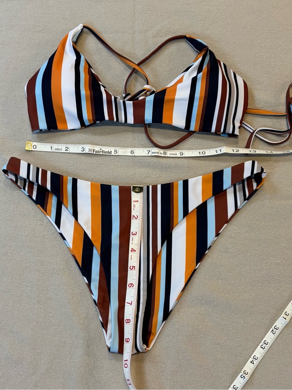 Shein Swim Striped Triangle Bikini Set in Brown, Orange, Blue & White Large